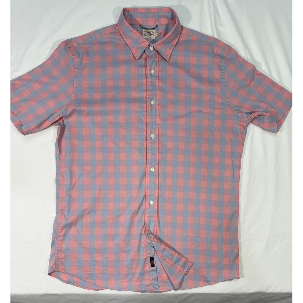 Faherty Brand Mens Short Sleeve Gingham Button Down Shirt Pink Blue Size M - Picture 1 of 7